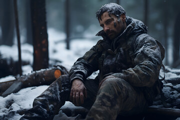 Fototapeta premium dirty tired soldier sitting in deep forest at winter day. Neural network generated image. Not based on any actual person or scene.