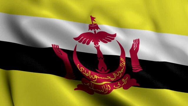 Brunei Flag. Waving  Fabric Satin Texture of the Flag Negara Brunei Darussalam 3D illustration. Real Texture Flag of the Brunei Darussalam 4K Video