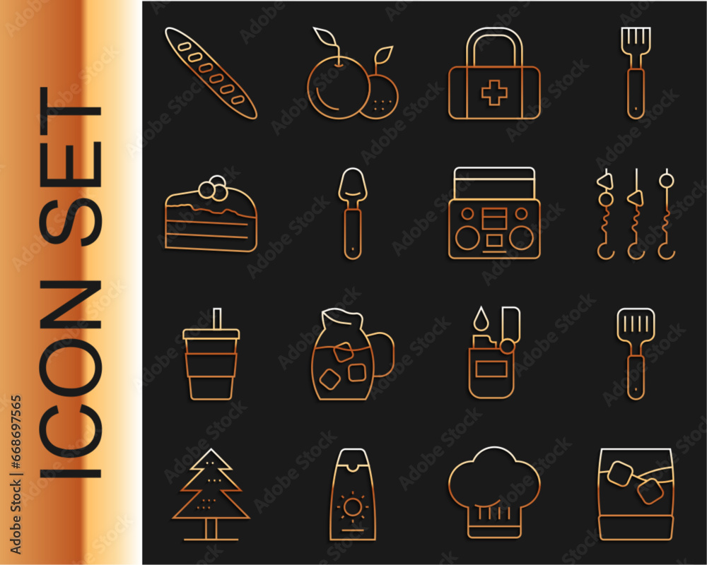 Wall mural Set line Glass of whiskey with ice, Spatula, Grilled shish kebab on skewer, First aid kit, Spoon, Piece cake, French baguette bread and Home stereo two speakers icon. Vector