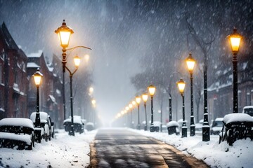 street lights glowing the way onwards in the  heavy snow fall  with  white trees 