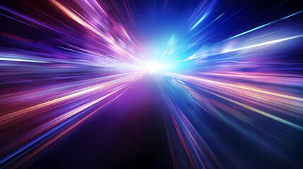 high speed technology concept background, light abstract background. Image of speed motion on the road. Abstract background in blue and purple neon glow colors - obrazy, fototapety, plakaty