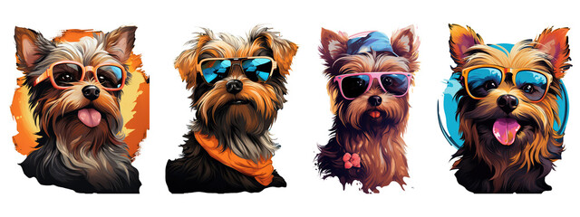 kawaii cute happy yorkshire terrier portrait wearing sunglasses on transparent background - Powered by Adobe