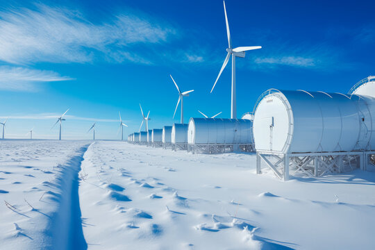 Wind turbines store electricity in large tanks of sodium. Wind electric power.