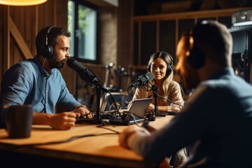 Podcasters, women and men at the microphone, recording podcasts together. Lively discussions. High quality photo. Generated by AI