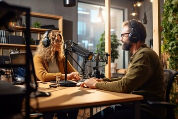 Podcasters, women and men at the microphone, recording podcasts together. Lively discussions. High quality photo. Generated by AI