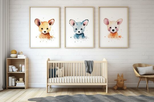 Baby room art, baby wall art, small animal print. High quality photo. Generated by AI