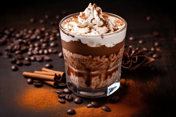 An Up-Close View of a Deliciously Frothy Chilled Cocoa Beverage Topped with Whipped Cream and Cocoa Powder