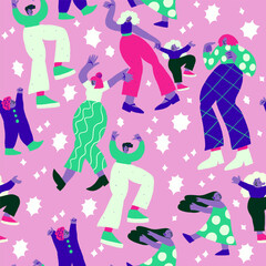 Seamless pattern with cool colorful people doodles with stars on pink. Colorful party characters dancing on pink. Cartoon neon people. Vector illustration