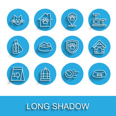Set line Food for fish, Cage birds, Cat, Pet toys ball, food bowl cat dog, Dog house and Animal health insurance icon. Vector