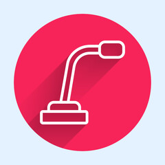 Fototapeta premium White line Microphone icon isolated with long shadow. On air radio mic microphone. Speaker sign. Red circle button. Vector
