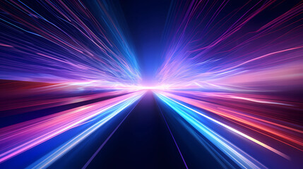 high speed technology concept background, light abstract background. Image of speed motion on the road. Abstract background in blue and purple neon glow colors