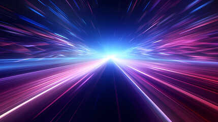 high speed technology concept background, light abstract background. Image of speed motion on the road. Abstract background in blue and purple neon glow colors