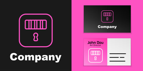 Pink line Prison cell door with grill window icon isolated on black background. Logo design template element. Vector