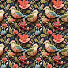 bird and flower theme seamless pattern, seamless pattern - generative ai