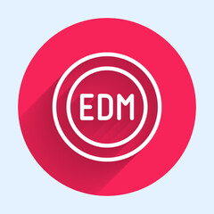 White line EDM electronic dance music icon isolated with long shadow. Red circle button. Vector