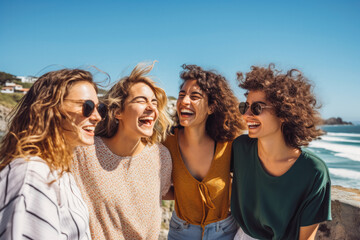 Friends laughing together on vacation. Group of happy friend together on vacation at beach.