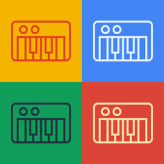 Pop art line Music synthesizer icon isolated on color background. Electronic piano. Vector