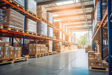 Warehouse with high shelves filled with goods stored on big industrial shelves. Industrial shipment center.