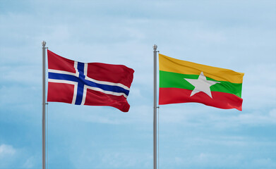 Myanmar and Norway flags, country relationship concept