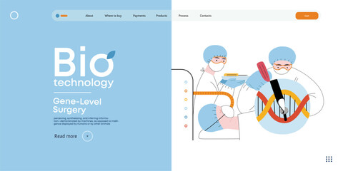 Bio Technology, Gene-Level Surgery -modern flat vector concept illustration of precise genetic modifications at the molecular leve. Metaphor of treating genetic disorders and enhancing human health