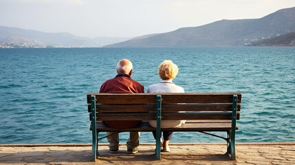 Old couple sitting by the pier made with Ai generative technology, People are fictional