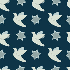 Vector seamless Hanukkah pattern. Dove and star of David on a dark blue background. Ornament for wrapping paper, congratulations, background, print.