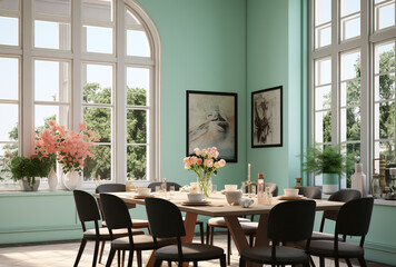 Fototapeta premium a modern styled apartment with a wall of windows and green walls