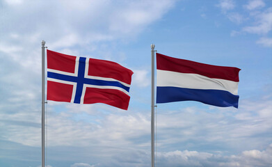 Netherlands and Norway flags, country relationship concept