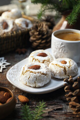 Amaretti Cookies. Gluten-free Italian Almond Cookies, coffe and New Year decoration - 668700702