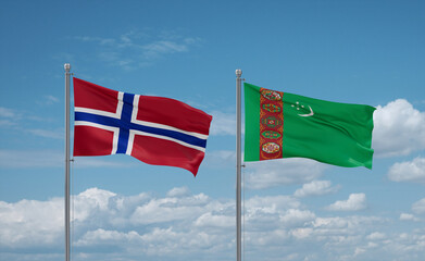 Turkmenistan and Norway flags, country relationship concept