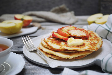 French cuisine. Matefaim. Sweet Apple Pancakes, butter and caramelized apples - 668700919