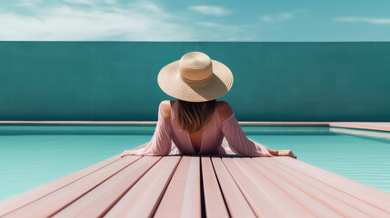 Young woman relaxing near the pool. Summer vacation in the hotel, hot day in swimming pool.  - obrazy, fototapety, plakaty