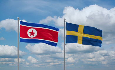 Sweden and North Korea flags, country relationship concept