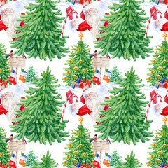 Jointless pattern, Merry Christmas and Happy New Year traditional style aquarelle illustration with greeting Santa, Fir tree with Gifts. Isolated on blue background