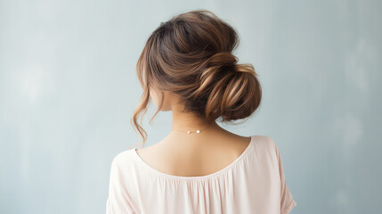 Messy dreamy low bun hairstyle for woman. Female hairstyle free bun, copy space. - Powered by Adobe