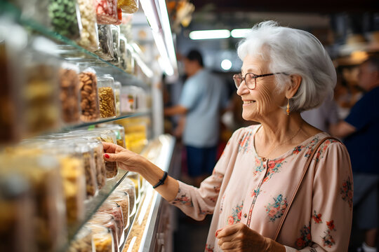 senior Caucasian woman choosing a product in a grocery store. Neural network generated image. Not based on any actual person or scene.