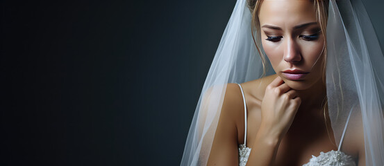 Sad bride in a white wedding dress. Unhappy young woman, failed marriage, forced wedding, family problems.  - obrazy, fototapety, plakaty