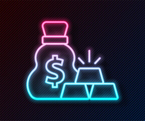 Glowing neon line Bag of gold bars icon isolated on black background. Sack with golden bars. Vector