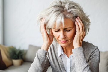 Mature woman suffering from migraine. Older woman having a headache and holding her head in pain.