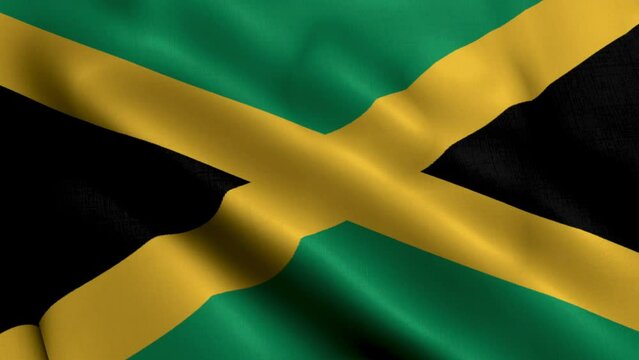 Jamaica Flag. Waving  Fabric Satin Texture Flag of Jamaica 3D illustration. Real Texture Flag of the Jamaica 4K Video