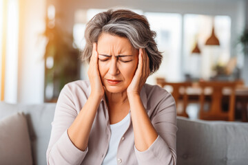 Mature woman suffering from migraine. Older woman having a headache and holding her head in pain. - obrazy, fototapety, plakaty