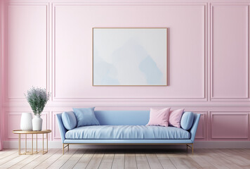 purple couch with frames and lamp