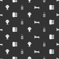 Set Hotel room bed, Telephone handset, Five stars rating review and Suitcase on seamless pattern. Vector