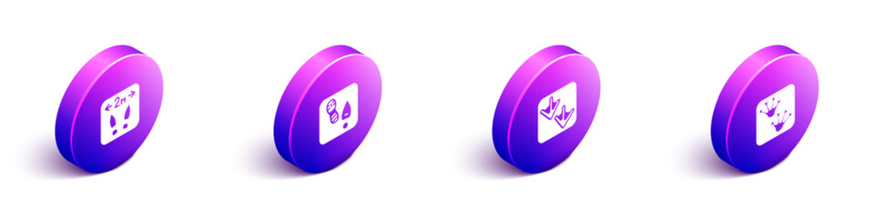 Set Isometric Safe distance, Human footprints shoes, Goose paw and Frog icon. Vector