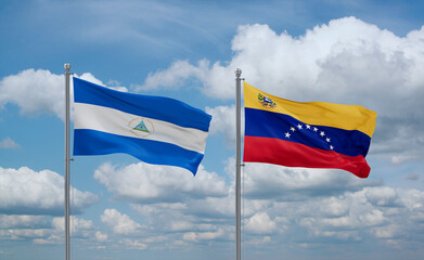 Venezuela and Nicaragua flags, country relationship concept