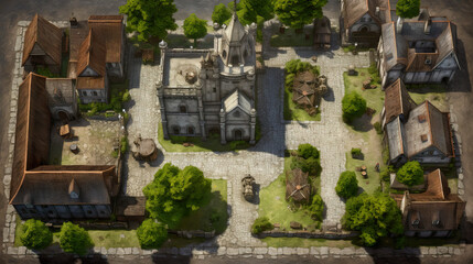 Fototapeta na wymiar DnD Map Medieval Village's Aerial View