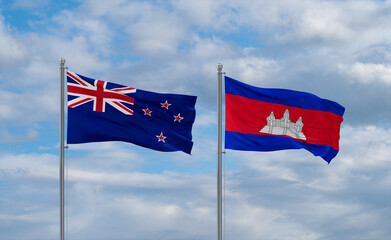 Cambodia and New Zealand flags, country relationship concept
