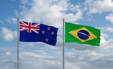 New Zealand and Brazil flags, country relationship concept