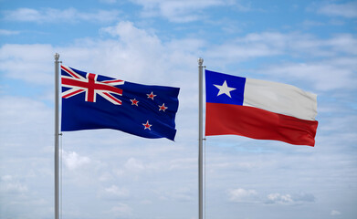 Chile and New Zealand flags, country relationship concept