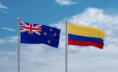 Colombia and New Zealand flags, country relationship concept